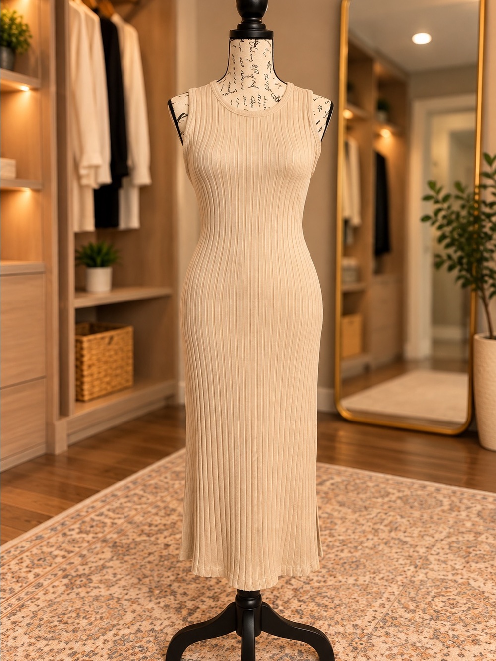 Old Navy Beige Ribbed Sleeveless Bodycon Midi Dress – Size Small